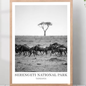 Stampa del Parco Nazionale del Serengeti, poster di viaggio in Tanzania, stampa artistica da parete in bianco e nero, decorazione da parete minimalista con gnu, poster della Tanzania, regalo