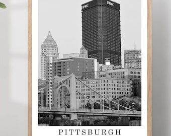 ペンシルベニア州ピッツバーグの旅行プリント、白黒の都市写真、ランドマークの壁掛けアートポスター
