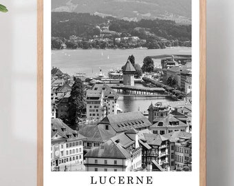 Impression de voyage de Lucerne, affiche de la ville de Lucerne en noir et blanc, impression d'art mural Lucerne, Suisse, décoration murale minimaliste de Lucerne, affiche cadeau