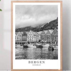 Bergen Travel Print Schwarz Weiß Bergen Stadt Poster Bergen Norwegen Wand Kunst Druck Minimalist Bergen Wand Dekor Poster Geschenk