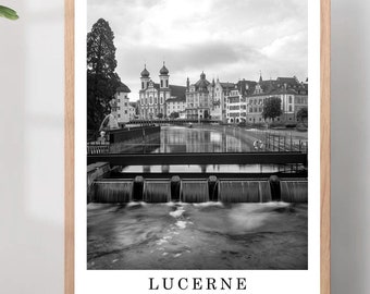 Impression de voyage à Lucerne, photo en noir et blanc, affiche de la ville de Lucerne, impression d'art mural Lucerne, Suisse, décoration murale minimaliste de Lucerne, affiche cadeau
