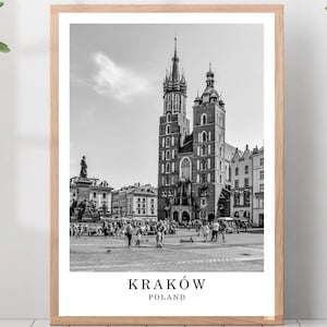 Impresión de viaje de Cracovia, póster en blanco y negro de la Basílica de María, arte mural del casco antiguo de Cracovia, Polonia, decoración de pared minimalista de Cracovia, póster de regalo