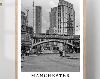 Manchester UK Travel Print, Black and White Photo, City Landmark Poster, Minimalist Wall Art