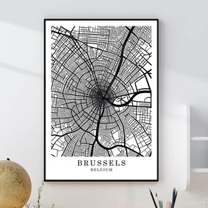 Mapa de la ciudad de Bruselas Imprimir mapa en blanco y negro Mapa minimalista de Bruselas Mapa de arte mural Mapa del centro de Bruselas Cartel de regalo de Bruselas Mapa de cuadrícula de la ciudad