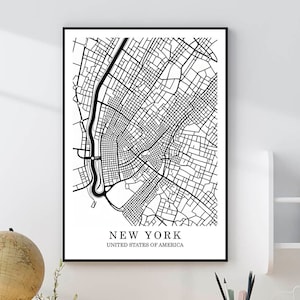 New York City kaart New York Wall Art New York zwart-wit kaart stadsplattegrond kunst stedelijke kaart New York City Center kaart afdrukken NYC stratenplan
