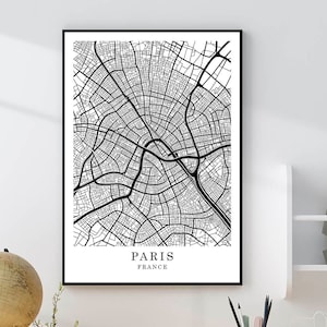 Stadskaart van Parijs Parijs muur kunst minimalistische kaart afdrukken Parijs stratenplan zwart-wit kaart Parijs stadscentrum kaart Parijs Frankrijk kaart poster