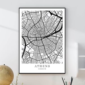 Athen Griechenland Karte Drucken Athen Schwarzweiß-Karte Minimalistische Karte Athen Wandkunst Athen Zentrum Karte Athen Geschenk Poster Digitaler Download