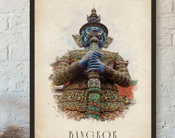 Lámina de viaje de Bangkok, Tailandia. Póster de acuarela con paisaje urbano de Bangkok. Arte de pared minimalista. Póster de regalo. Descarga digital instantánea.