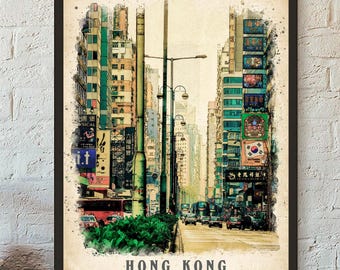 Hong Kong Travel Watercolor Poster Hong Kong Cityscape Poster Wall Art Print Minimalist Wall Décor Hong Kong Gift Poster Digital Download
