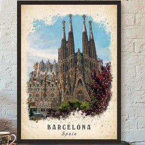 Affiche de voyage de Barcelone, impression d&#39;art mural Barcelone, impression d&#39;art mural en Espagne, oeuvre d&#39;art de Barcelone, art du paysage urbain, affiche des monuments de Barcelone