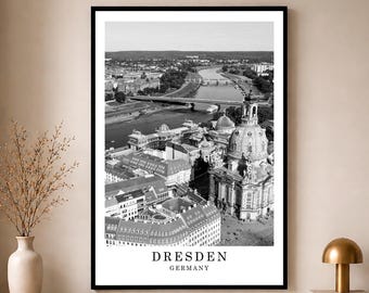 Dresden reisposter zwart-wit, Dresden skyline poster, Dresden Duitsland print, minimalistische stadsfotografie, stadsgezicht muurkunst