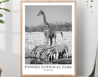 Etosha National Park Print Namibia Travel Poster Unique Black and White Print of Wild Animals Africa Minimalist Wallart Safari Animal Photo