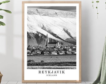 Poster di viaggio di Reykjavik, Islanda, foto in bianco e nero di Reykjavik, Parigi, punto di riferimento di Reykjavik, stampa artistica da parete di Reykjavik, poster regalo di Reykjavik
