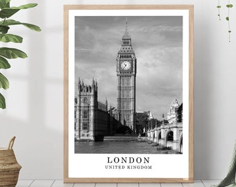 London Vereinigtes Königreich Reise-Wand-Druck London Schwarz-weiß Foto Stadt Wahrzeichen Poster Minimalistische Wandkunst Wohnkultur London Poster Geschenk Kunst