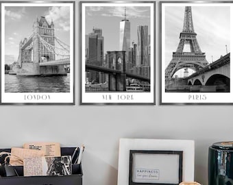 Set of 3 Travel Prints Black and White Paris London New York Cities Wall Posters Minimalist Art Décor Gift for Travel Lovers