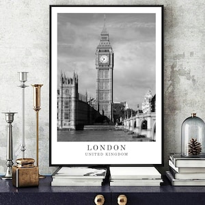 London United Kingdom Travel Print Black White Photo Big Ben London City Landmark Minimalist Wall Art London Gift Poster Digital Download