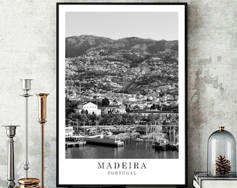 マデイラ旅行プリント 白黒写真 マデイラ市ランドマーク マデイラ壁アートプリント マデイラ装飾 マデイラポスターギフト デジタルダウンロード