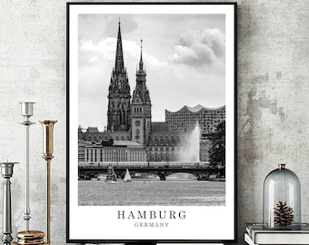 Hamburg Travel Print Black and White Poster Hamburg City Germany Wall Art Print Minimalist Hamburg Wall Décor Poster Gift  Digital Download
