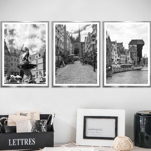 Gdansk Set of 3 Travel Prints Gdansk Black and White Photo Gdansk City Landmark Gdansk Wall Art Print Gdansk Décor Gdansk Poster Gift Art