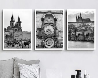 Prague Czech Republic Set of 3 Travel Prints Prague Black and White Photo Prague City Landmark Prague Wall Art Décor Prague Poster Gift Art
