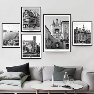 Set di 5 stampe di viaggio delle città francesi in bianco e nero, decorazione da parete, Bordeaux, Lille, Nizza, Reims, Strasburgo, poster, regalo artistico.