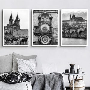 Praga República Checa Conjunto de 3 impresiones de viajes Praga Foto en blanco y negro Praga Ciudad Hito Praga Pared Arte Decoración Praga Cartel Regalo Arte
