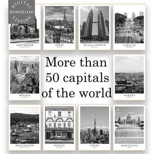 Cartaz de parede de cidades do mundo, foto de cidade em preto e branco, viagens pelo mundo, conjunto de impressões para impressão, pôster de marco da cidade, impressão de parede de capitais do mundo