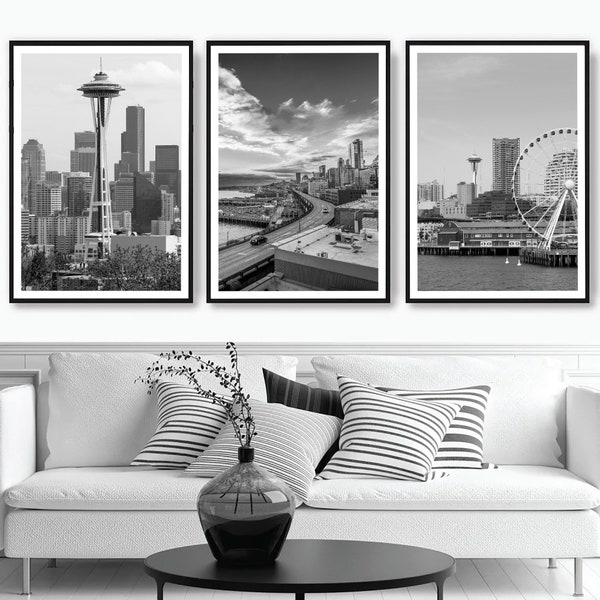 Seattle Set of 3 Travel Prints Seattle Black and White Photo Seattle City Landmark Seattle Wall Art Seattle Décor Seattle Poster Gift Art