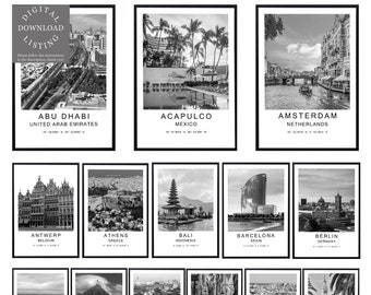 Digital City Wall Art Poster Black White World Cities Photo Travel Landmark Coordinates Print Minimalist Printable Wall Art Set of Prints #1