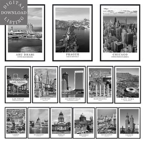 Poster di arte murale digitale della città in bianco e nero, foto della città del mondo, stampa di punti di riferimento di viaggio urbano, set di stampe di arte murale minimalista stampabile n. 1