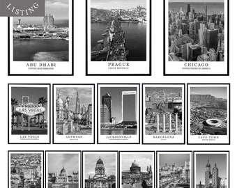 Digital City Wall Art Poster Black and White World City Photo Urban Travel Landmark Print Minimalist Printable Wall Art Set of Prints #1