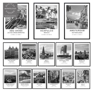 Poster di arte murale digitale della città in bianco e nero, città del mondo, foto, viaggio, punto di riferimento, coordinate, stampa minimalista, set di stampe da parete #1