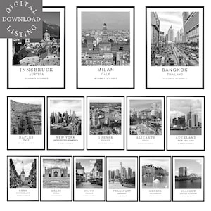 Poster di arte da parete per città digitale, città del mondo in bianco e nero, foto, punti di riferimento di viaggio, coordinate, stampa, arte da parete stampabile minimalista, set di stampe #2