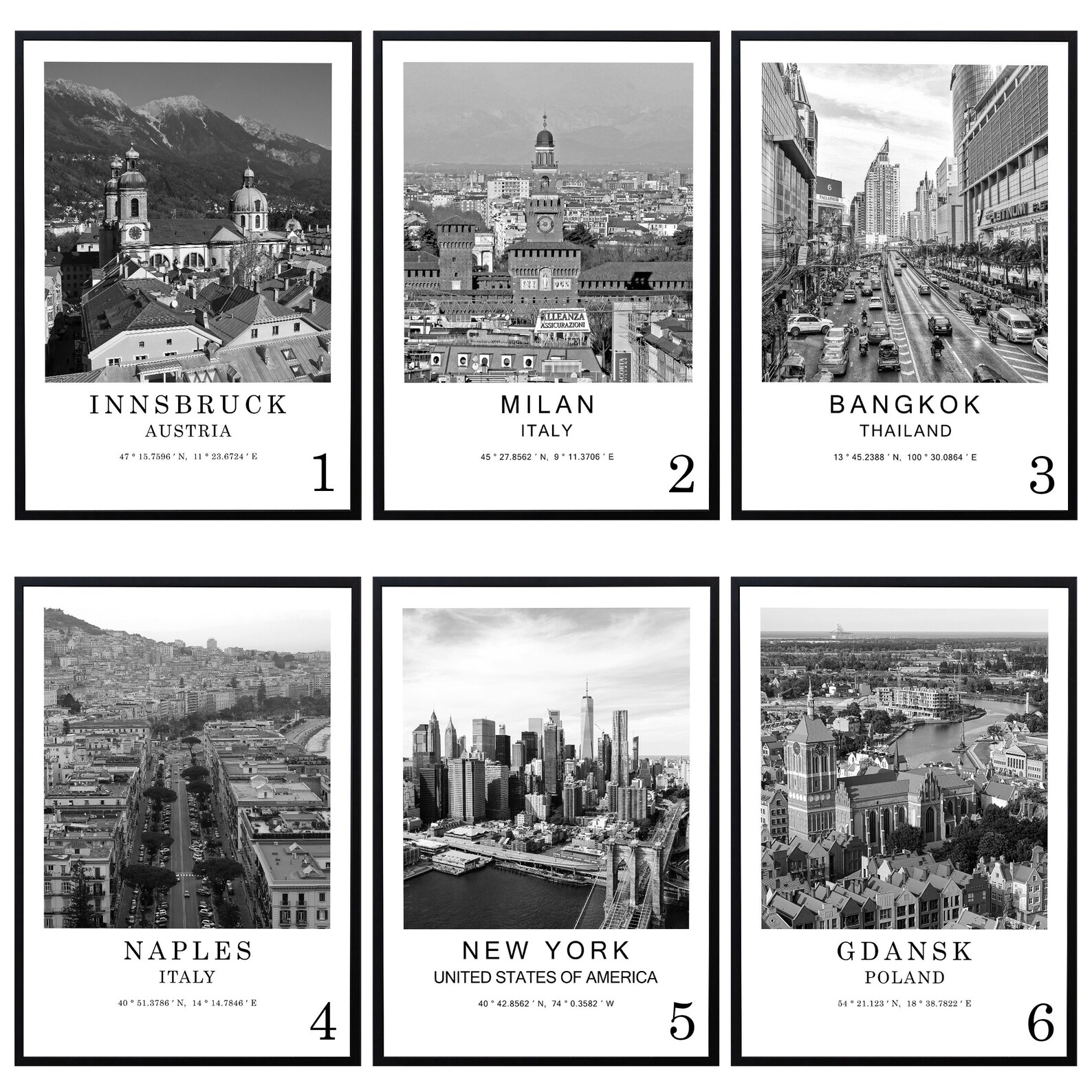 Digital City Wall Art Poster Black White World Cities Photo Travel Landmark Coordinates Print