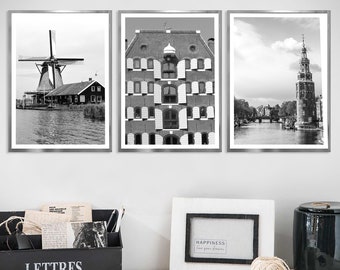 Amsterdam Set of 3 Travel Prints, Black and White City Photo, Landmark Wall Art Poster