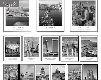 Digital City Wall Art Poster Black and White World City Photo Urban Travel Landmark Print Minimalist Printable Wall Art Set of Prints #1