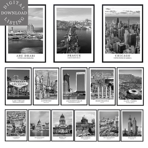 Digital Gallery Wall Art Travel Posters Set of 6 Black Etsy