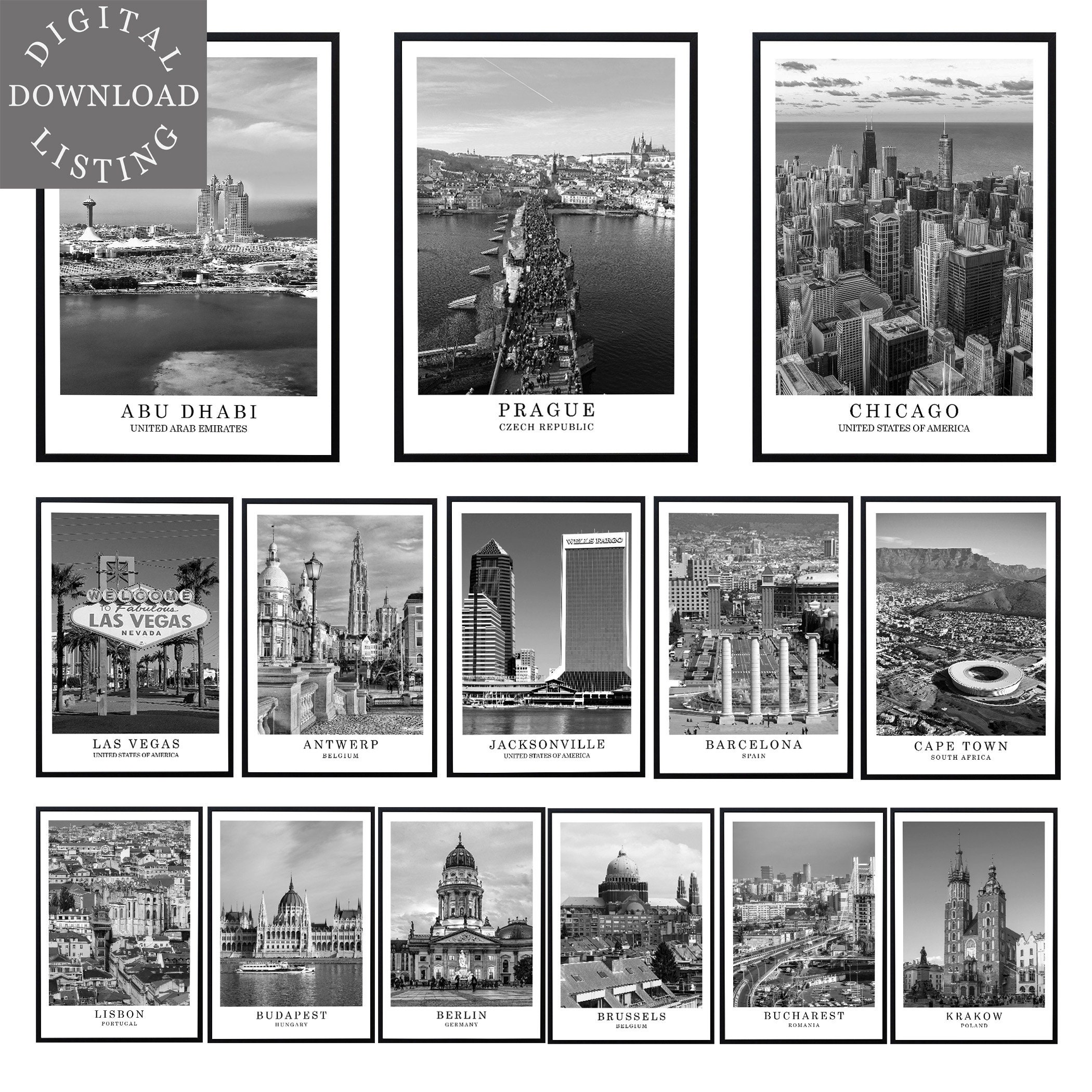Digital City Wall Art Poster Black and White World City Photo Etsy