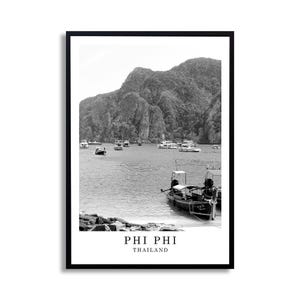 Phi Phi Island Travel Print Black and White Thailand Photography Minimalist Wall Art Poster