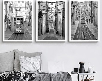 Lisbon Black and White Photography Print Set, Cityscape Wall Art Poster