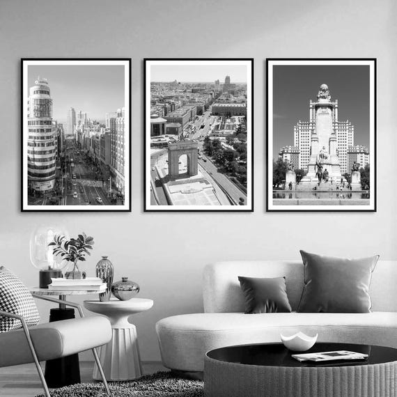Madrid Set of 3 Travel Print, Black and White City Wall Poster Madrid Set of 3 Travel Print, Black and White City Wall Poster