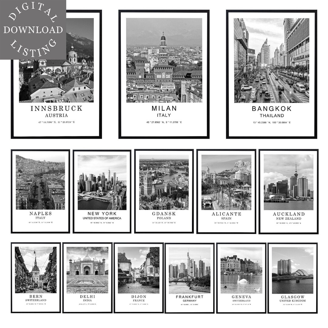 Digital City Wall Art Poster Black White World Cities Photo Travel Landmark Coordinates Print
