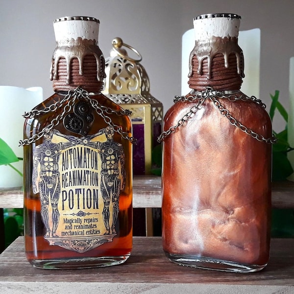 Automaton Reanimation Potion - A Steampunk Themed Decorative Interactive Potion Bottle with Magical Swirling Effect
