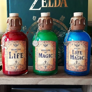 The Legend of Zelda Red, Green and Blue 3 Potion Bundle Inspired by the Video Games with Magical Swirling Effect / Gaming / Decor / Replica