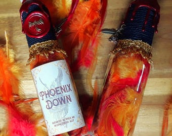 Phoenix Down Bottle Inspired by Final Fantasy / Apothecary Bottle / Phoenix Feathers / Potion / Magic / Gaming / Decor