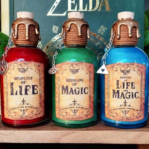 The Legend of Zelda Red, Green and Blue 3 Potion Bundle Inspired by the Video Games with Magical Swirling Effect / Gaming / Decor / Replica