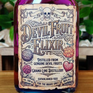 May include: A purple-tinted glass bottle with a vintage label reading "Devil Fruit Elixir." The label features a skull, anchors, and illustrations of various fruits. Text includes "Distilled from Genuine Devil Fruits" and "Grand Line Distillery."