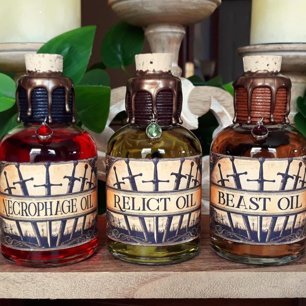 The Witcher Decorative Blade Oil Bottles Set #1 (Beast, Necrophage, Relict) / Apothecary / Witchcraft / Wizard / Gaming Decor