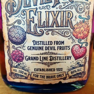 May include: A bottle of "ELIXIR" with a decorative label featuring illustrations of various fruits and the text "DISTILLED FROM GENUINE DEVIL FRUITS". The label also includes "GRAND LINE DISTILLERY", "ESTABLISHED 1522", and "FOR THE BRAVE ONLY". The bottle contains 200 ml and is 80% alcohol.