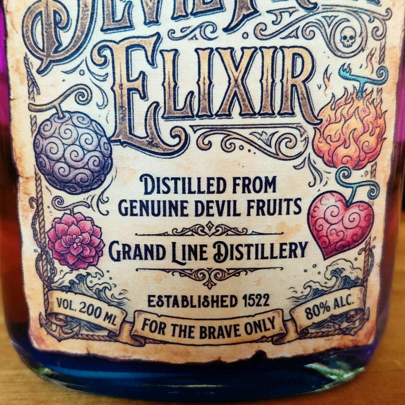 May include: A bottle of "ELIXIR" with a decorative label featuring illustrations of various fruits and the text "DISTILLED FROM GENUINE DEVIL FRUITS". The label also includes "GRAND LINE DISTILLERY", "ESTABLISHED 1522", and "FOR THE BRAVE ONLY". The bottle contains 200 ml and is 80% alcohol.